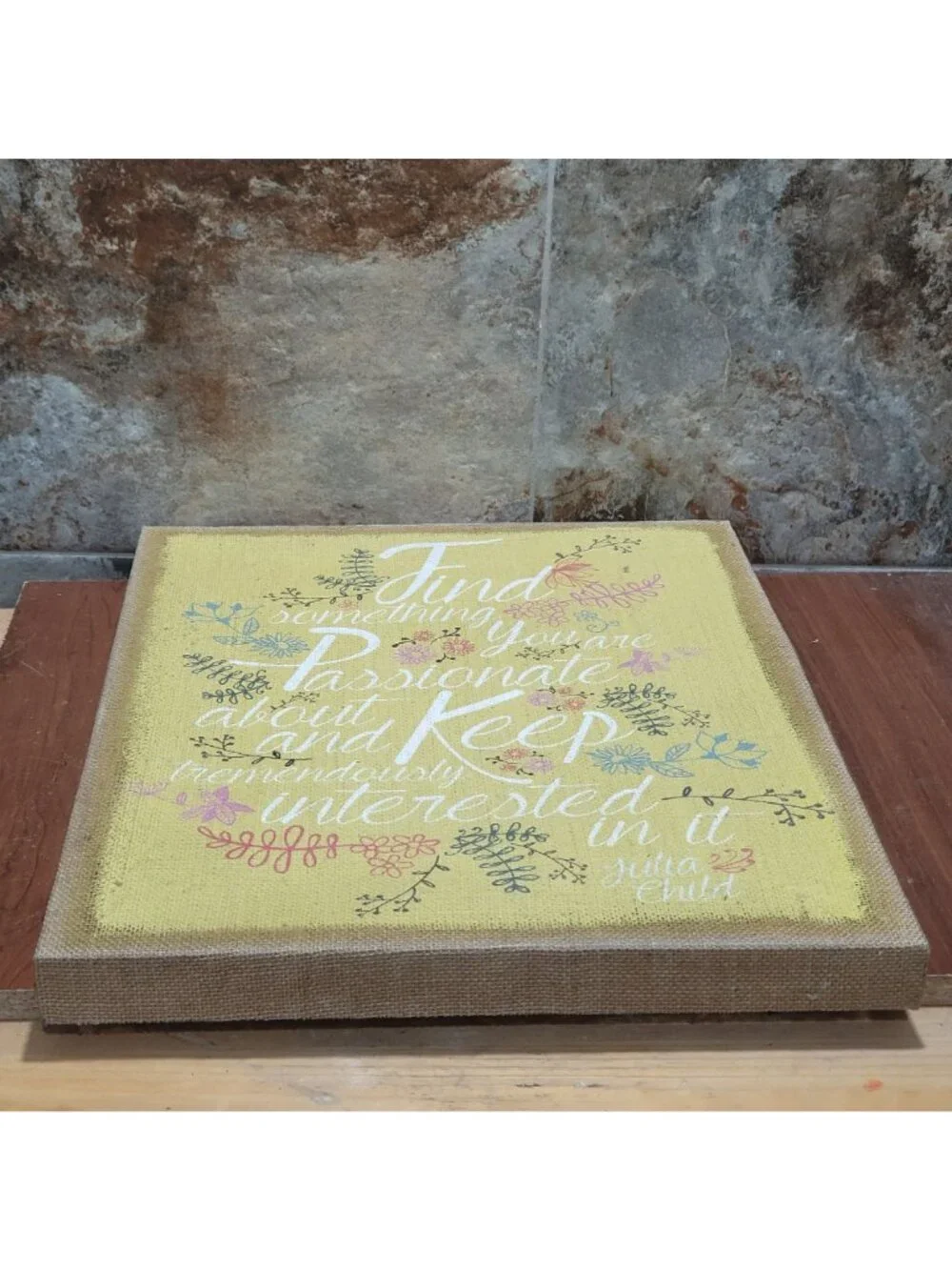 Vintage Julia Child Passion Quote Art Yellow Burlap Canvas Sign Floral Decor 20